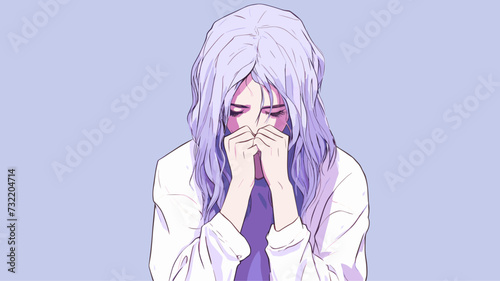 Digital illustration of a woman in a moment of despair  symbolized by her head in hands against a stark background (頭を抱える女性). simple minimalist illustration creative