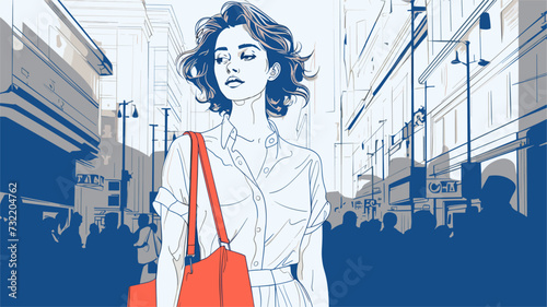 Minimalist scene of a Western woman in a bustling city  reflecting the cosmopolitan lifestyle and independence often associated with Western culture. simple minimalist illustration creative