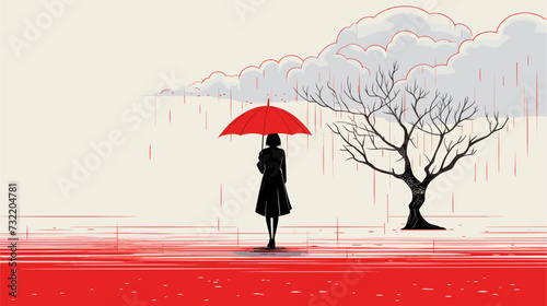 Vector graphic of a Japanese woman with an umbrella in the rain  capturing the poetic and resilient spirit often depicted in Japanese art. simple minimalist illustration creative