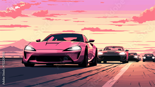 Highway scene with a dynamic array of modern vehicles  showcasing the speed and energy associated with contemporary automotive culture. simple minimalist illustration creative © J.V.G. Ransika