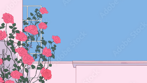 Illustration of roses climbing a building's framework  signifying the intertwining of natural grace with the structured process of construction. simple minimalist illustration creative