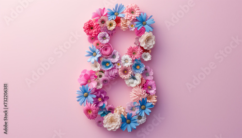 Number eight crafted from colorful paper flowers for womens day celebration