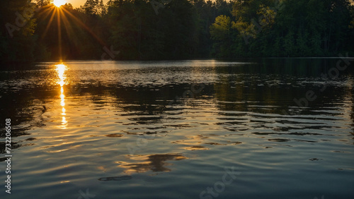 Beauty of a lakeside scene as the sun dips below the horizon with casting long shadows of the surrounding trees onto the rippling water and creating a mesmerizing dance of light and shadow
