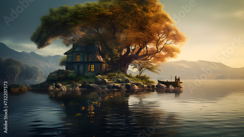 sunset over the sea,, A house on a tree with a house on the top of it 