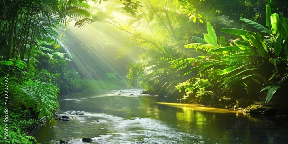a river in the jungle with thorny green leaves, generative AI a river in the jungle with thorny green leaves, generative AI