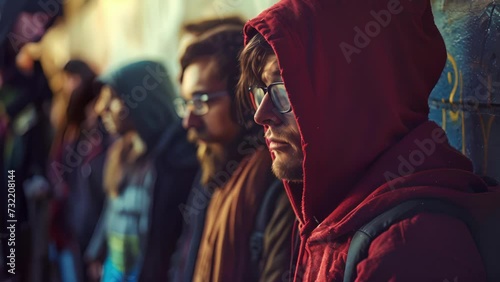 A group of men and women waiting in line at a food bank their eyes downcast as they face the humiliating reality of relying on charity for their next meal, Group of People Standing Together photo