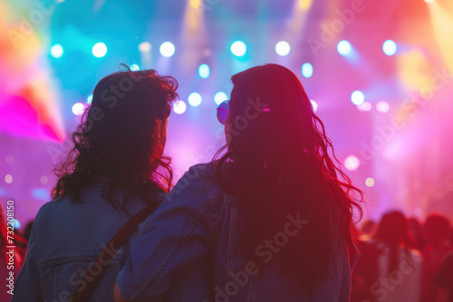 Back View of Two Friends Enjoying a Live Concert Amidst Vivid Stage Lights