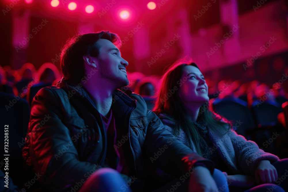 Cinema Date Night - Young Couple Enjoying a Movie in a Theater with Vivid Blue Lighting
