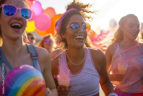Festival Joy - Vibrant Young Women Enjoying a Summer Celebration with Balloons and Smiles