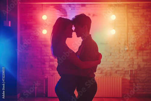 Dance of Love - Silhouette of a Couple Embracing in a Dance Studio with Colorful Lights