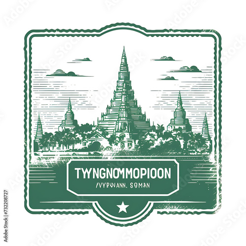 Stamp of Yangon City With Monochrome Mint Green Color Shwedagon Pagod Transparent PNG City Concept Art Tshirt Design Illustration Label Diverse City Castle Large Urban Market Project Collage 