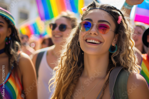 Radiant Young Woman Celebrating at a Pride Parade with Rainbow Flags in the Background