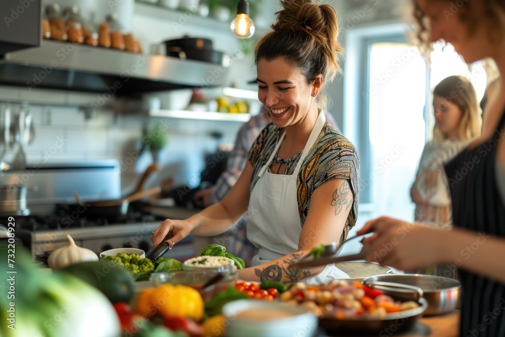 Joyful Women Preparing Fresh Vegetables Together in a Bright Home Kitchen
