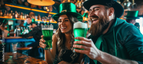 Happy adult man and woman celebrating saint patricks day at an irish beer pub