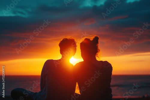 Silhouette of a Couple Embracing Against the Vivid Backdrop of a Seaside Sunset