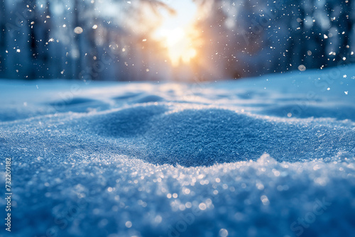 A soft light shines on the snow. A blurred bokeh background.