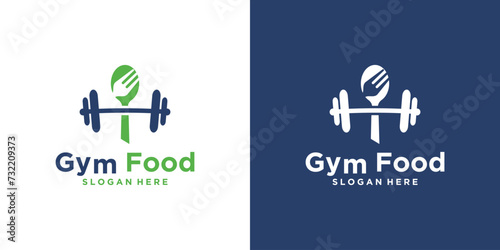 food logo template for sportsmen, combination of food icon with barbell for sports food nutrition