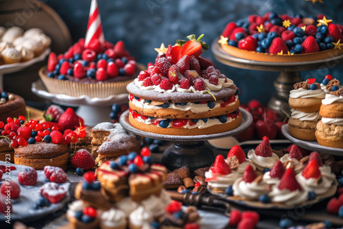 Delectable Patriotic-Themed Dessert Table with Cakes and Pastries Adorned with Fresh Berries