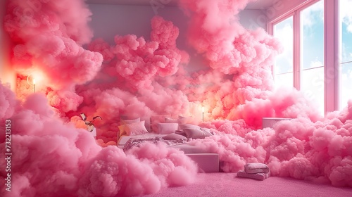 25. Pink magenta fantastic 3d clouds in the room interior, sky and landscape. Gentle colors and with bright lights