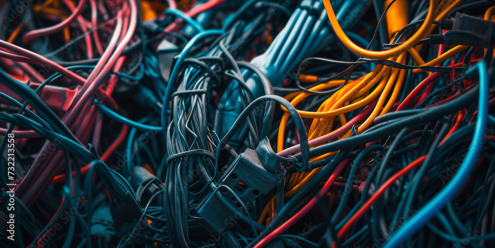 mess of colorful electrical wires and cables complexity confusion or disorganization. mess of colorful electrical wires and cables complexity confusion or disorganization.