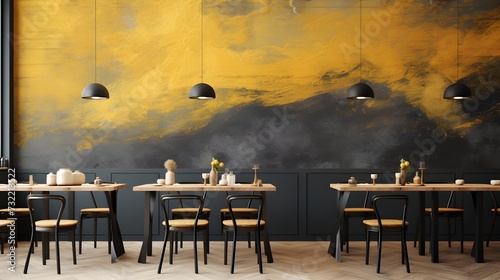 Modern Cafe Interior with Yellow and Gray Walls Wallpaper Background