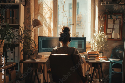 Creative Workspace Serenity - Woman Concentrating at a Home Office with Warm Natural Ligh