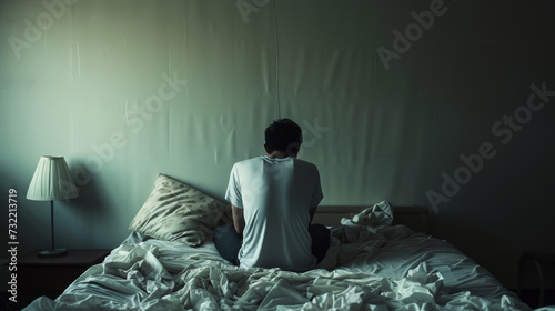 depression young man sitting on bed staring into the wall facing away