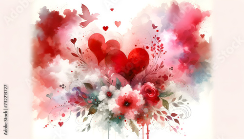 The Valentine-themed watercolor abstract background has been created, featuring a romantic blend of colors in shades of red, pink, and white, with soft transitions, splashes