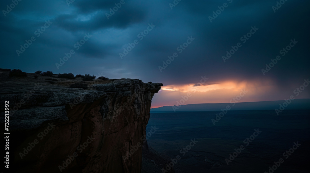 rock cliff edge under a storm sky with the sun set dark tone