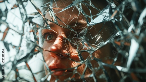 woman face in shattered glass with sunlight broken mirror mental illness