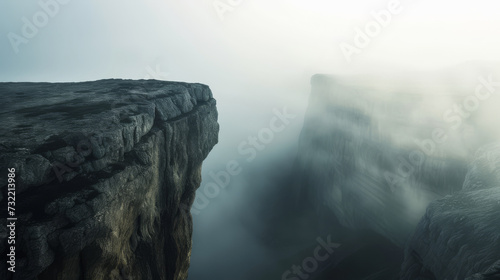 foggy cliff edge stand alone with clound sky with mountain in the background photo