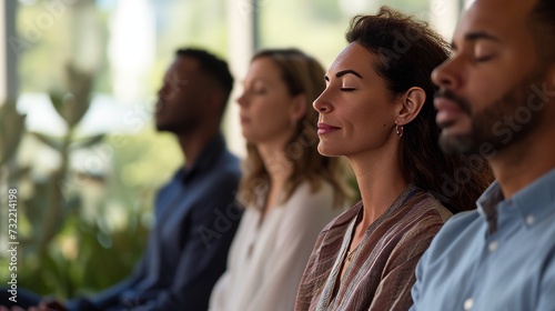 a group of colleagues during meditation stress relief work life balance environment