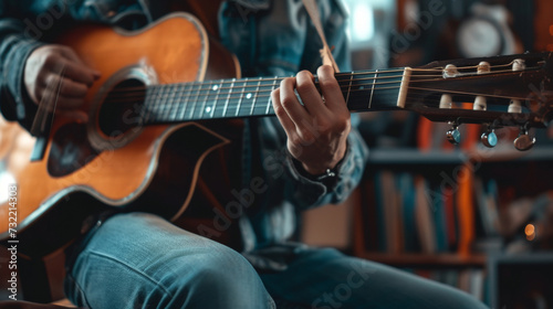 professional musician play acoustic guitar in home studio musical passion and career