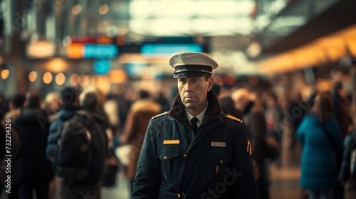 uniformed airline officer maintaining in a busy public space with tight flight schedules