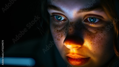 smartphone addiction woman Freckled face close up to smartphone screen light