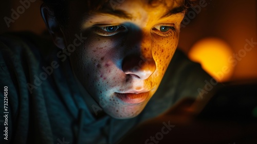 close up of smartphone addiction young man pimple face and smartphone screen light