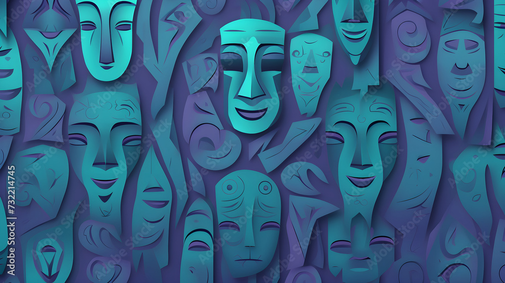 Abstract Theater Masks Pattern Wallpaper Background - obrazy, fototapety, plakaty 