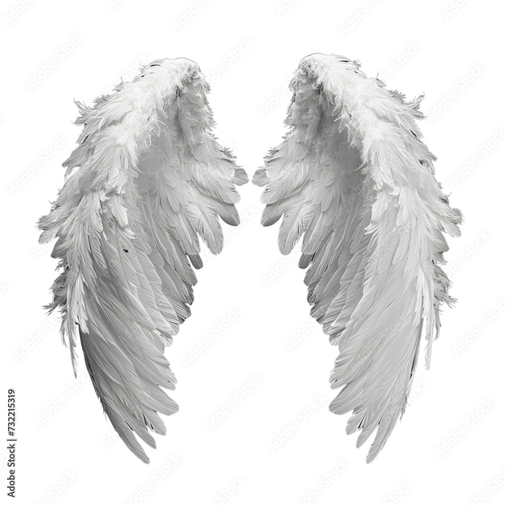 Wings of an angel, isolated on a white background Silver feathers create a captivating illustration, featuring elements of art and design Symbolizing flight, love, and ethereal beauty Wings of an angel, isolated on a white background Silver feathers create a captivating illustration, featuring elements of art and design Symbolizing flight, love, and ethereal beauty
