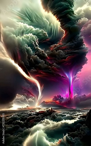 landscape with clouds and sun.Surreal landscape.Abstract designs of colorful thunderstorms or  Colorstorms    . Lightning covers the sky and hits the ground.