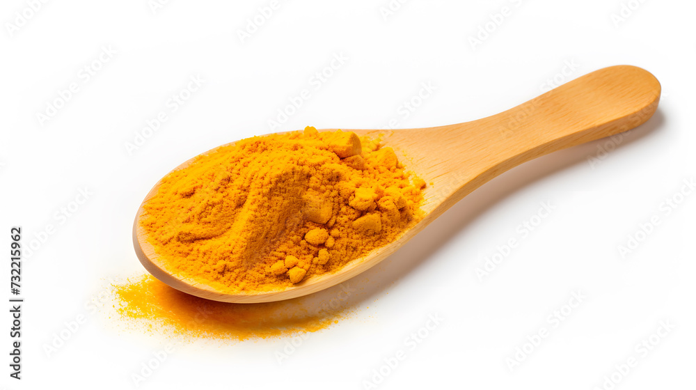 turmeric powder on wooden spoon over white background turmeric powder on wooden spoon over white background