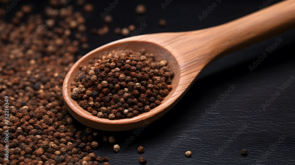 black pepper on wooden spoon over isolated background black pepper on wooden spoon over isolated background