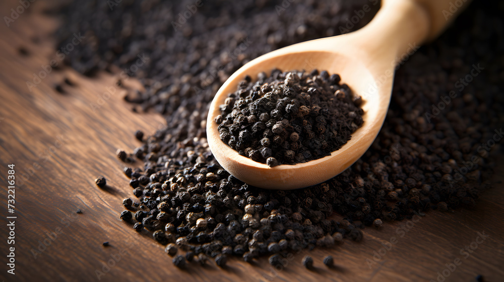black pepper on wooden spoon over isolated background black pepper on wooden spoon over isolated background