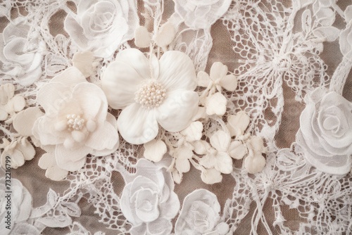  Elegant White Lace Fabric with Delicate Floral Patterns and Pearlescent Beadwork