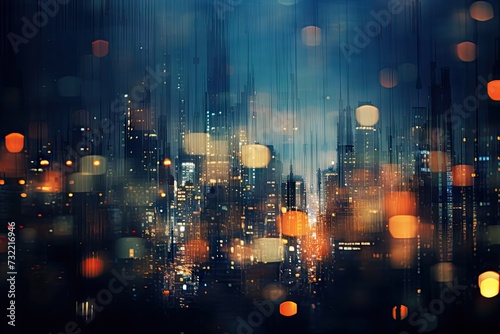 Abstract Urban Dreamscape with Raindrops on Window Overlooking City Lights © KirKam