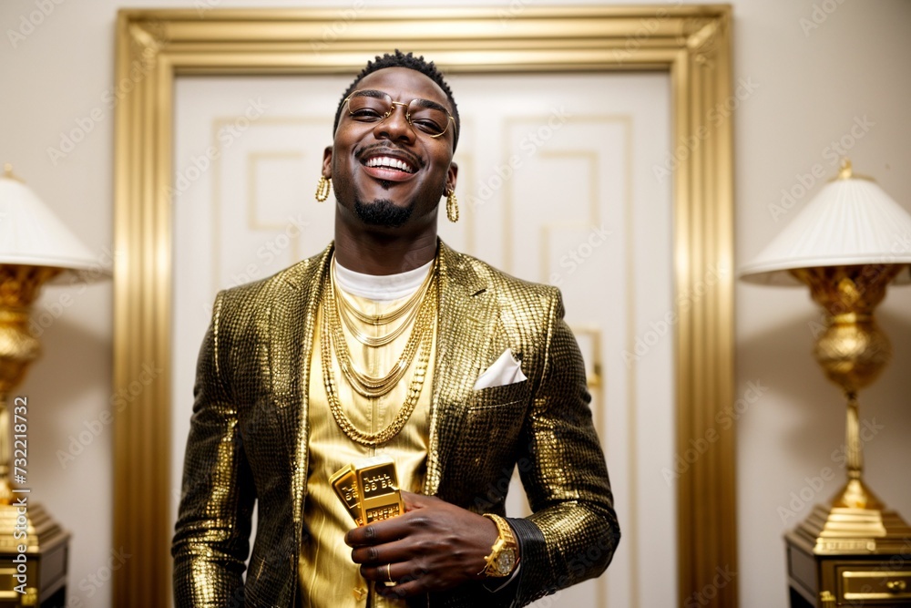 African Black man showing off his wealth with bling and gold, like a successful rapper or a Nigerian prince African Black man showing off his wealth with bling and gold, like a successful rapper or a Nigerian prince