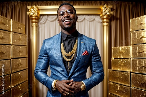 African Black man showing off his wealth with bling and gold, like a successful rapper or a Nigerian prince