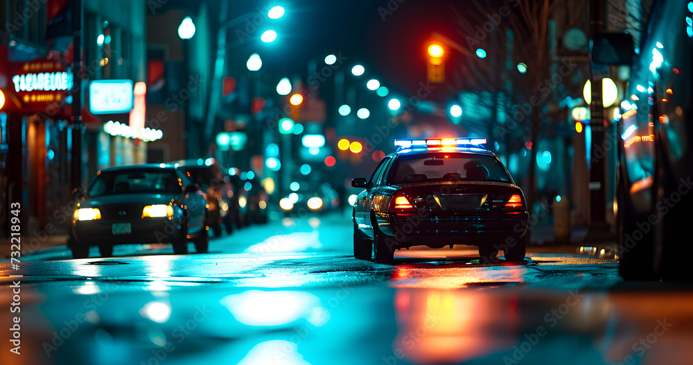 Police car with flashing siren lights at night in city street with selective focus and bokeh. Neural network generated image. Not based on any actual person or scene.
