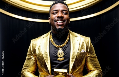 African Black man showing off his wealth with bling and gold, like a successful rapper or a Nigerian prince