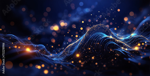 deep blue background with glowing sparks and gold particles.
