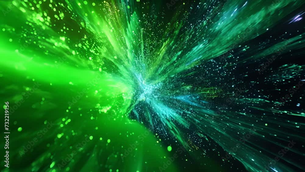 A burst of neon green and blue particles resembling a celestial explosion of stars and galaxies. A burst of neon green and blue particles resembling a celestial explosion of stars and galaxies.